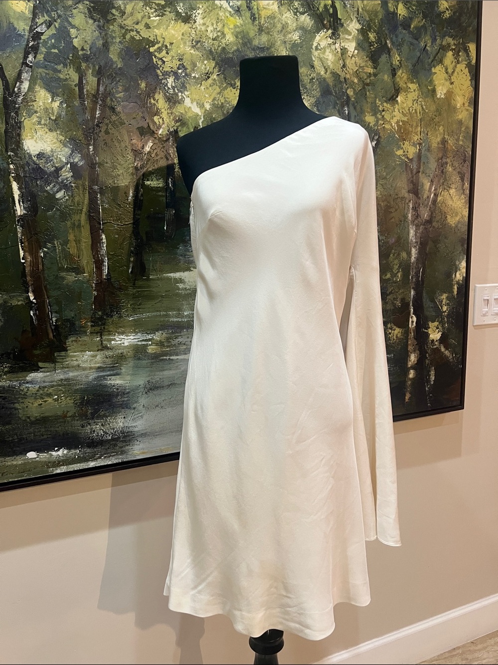Nicole Miller One-Shoulder Dreamy Ivory Chifgon/ Satin Dress with Long Sleeve